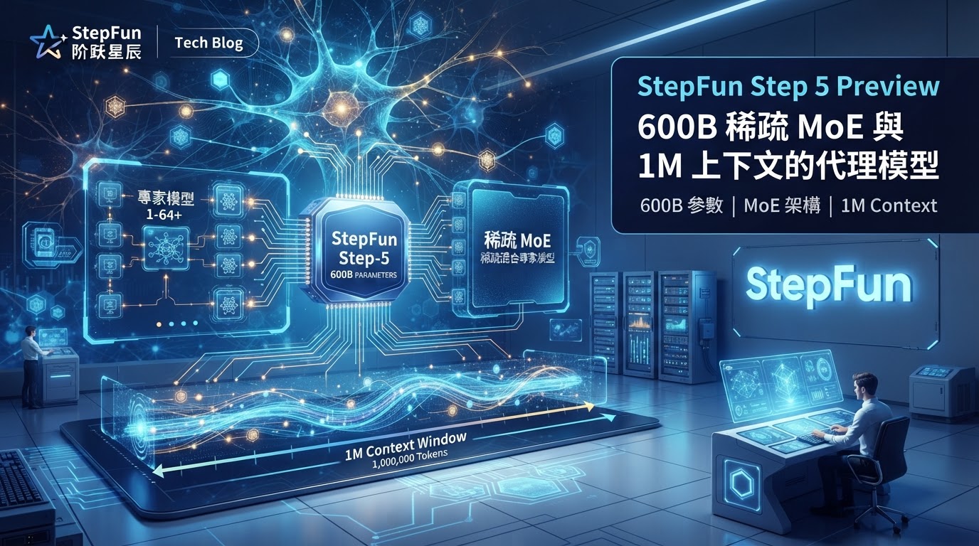 StepFun Step 5 Preview：600B 稀疏 MoE 與 1M 上下文的代理模型