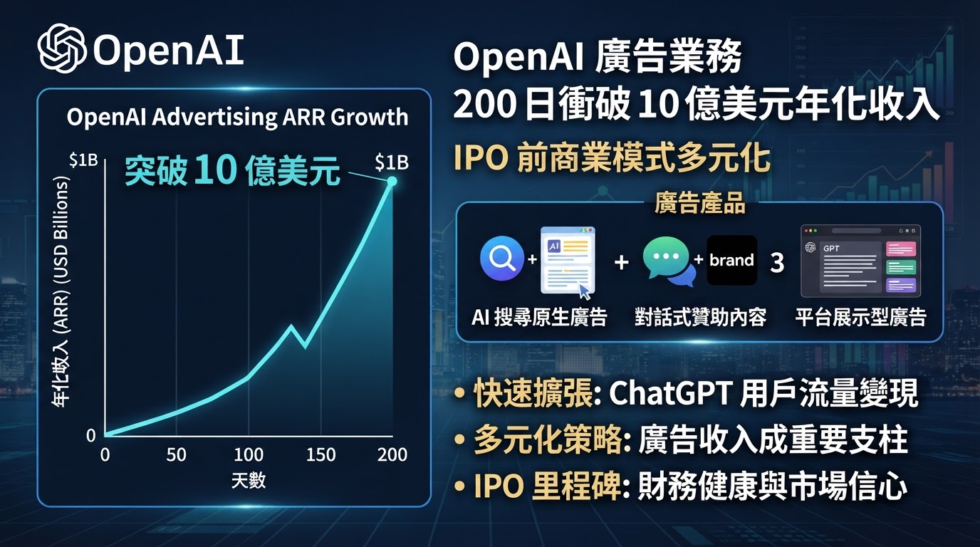 OpenAI 廣告業務 200 日衝破 10 億美元年化收入：IPO 前商業模式多元化