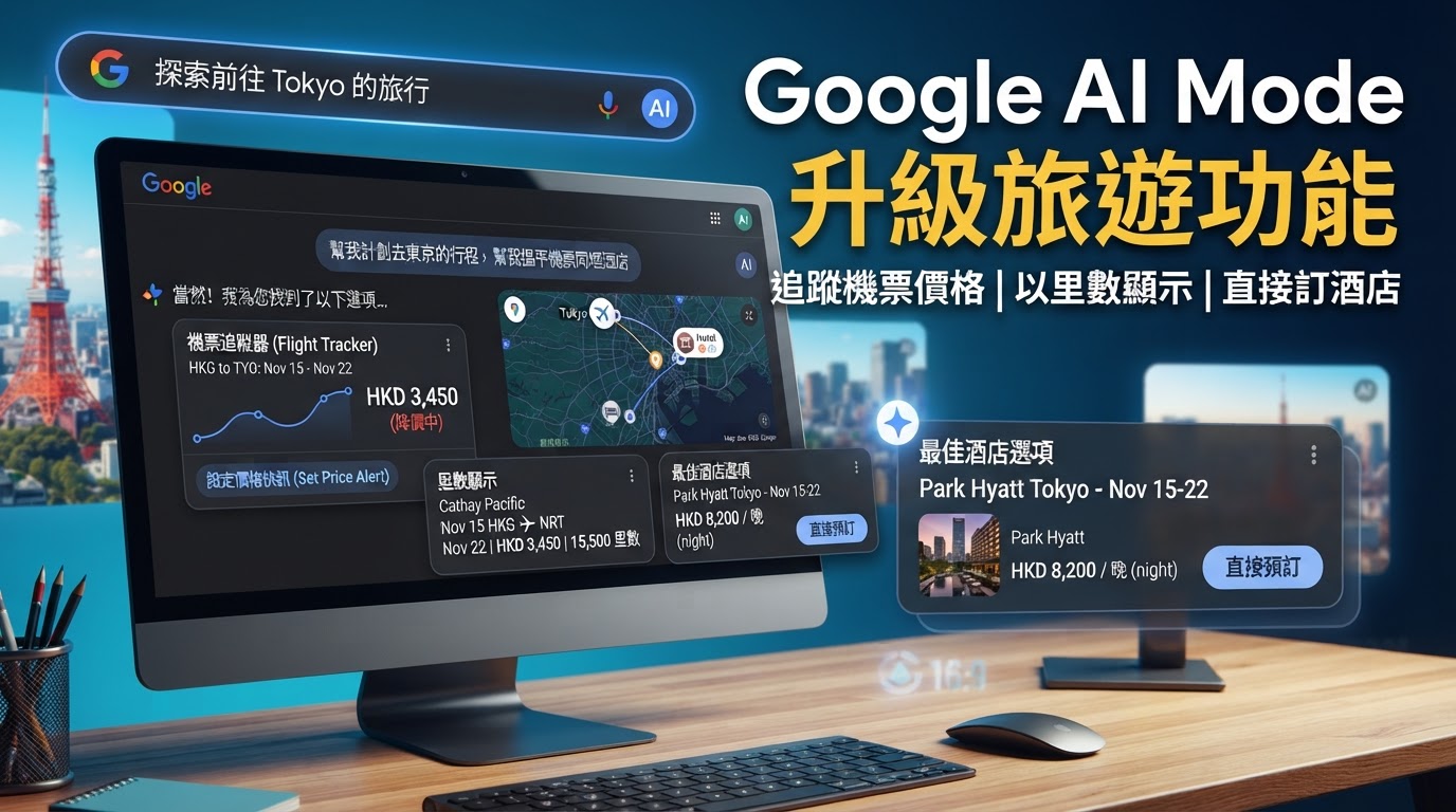 Google AI Mode 升級旅遊功能:追蹤機票價格、以里數顯示、直接訂酒店