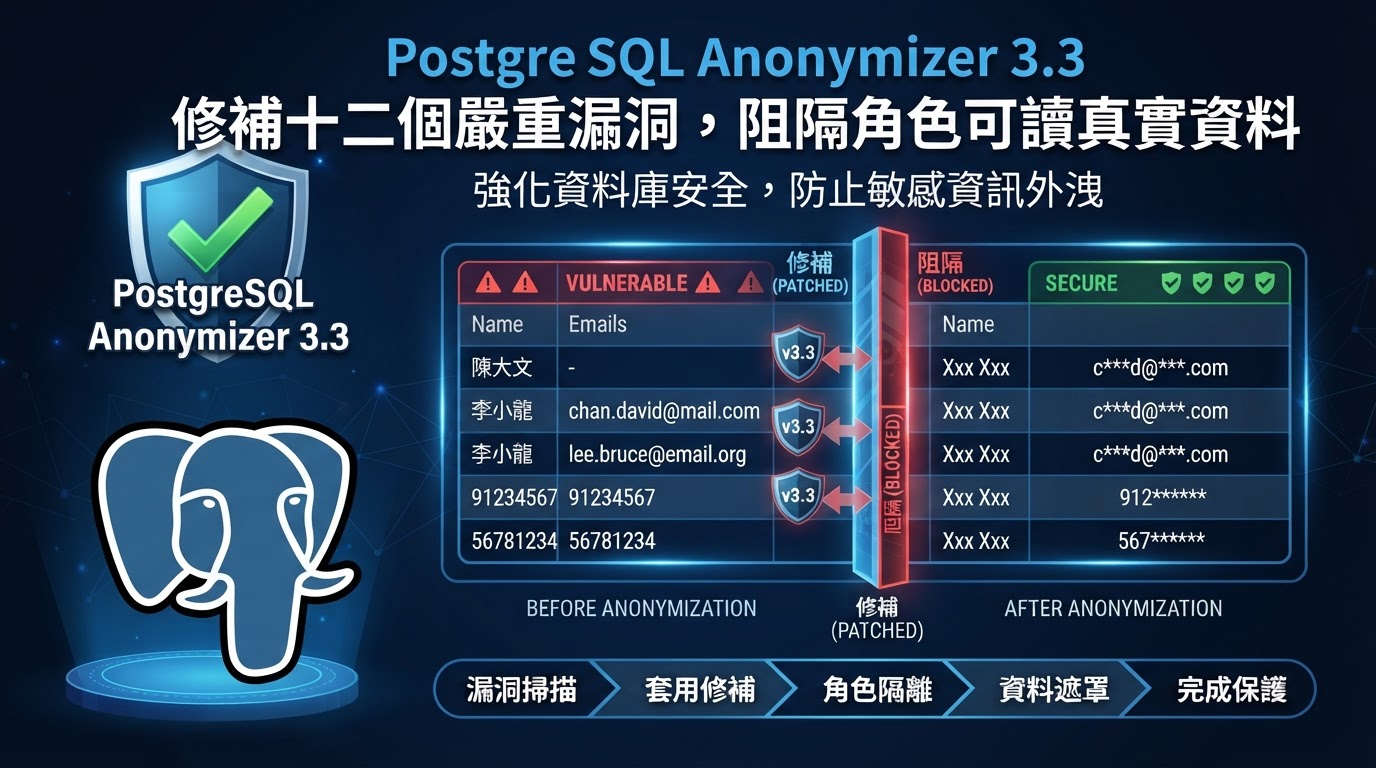 PostgreSQL Anonymizer 3.3 修補十二個嚴重漏洞，阻隔角色可讀真實資料