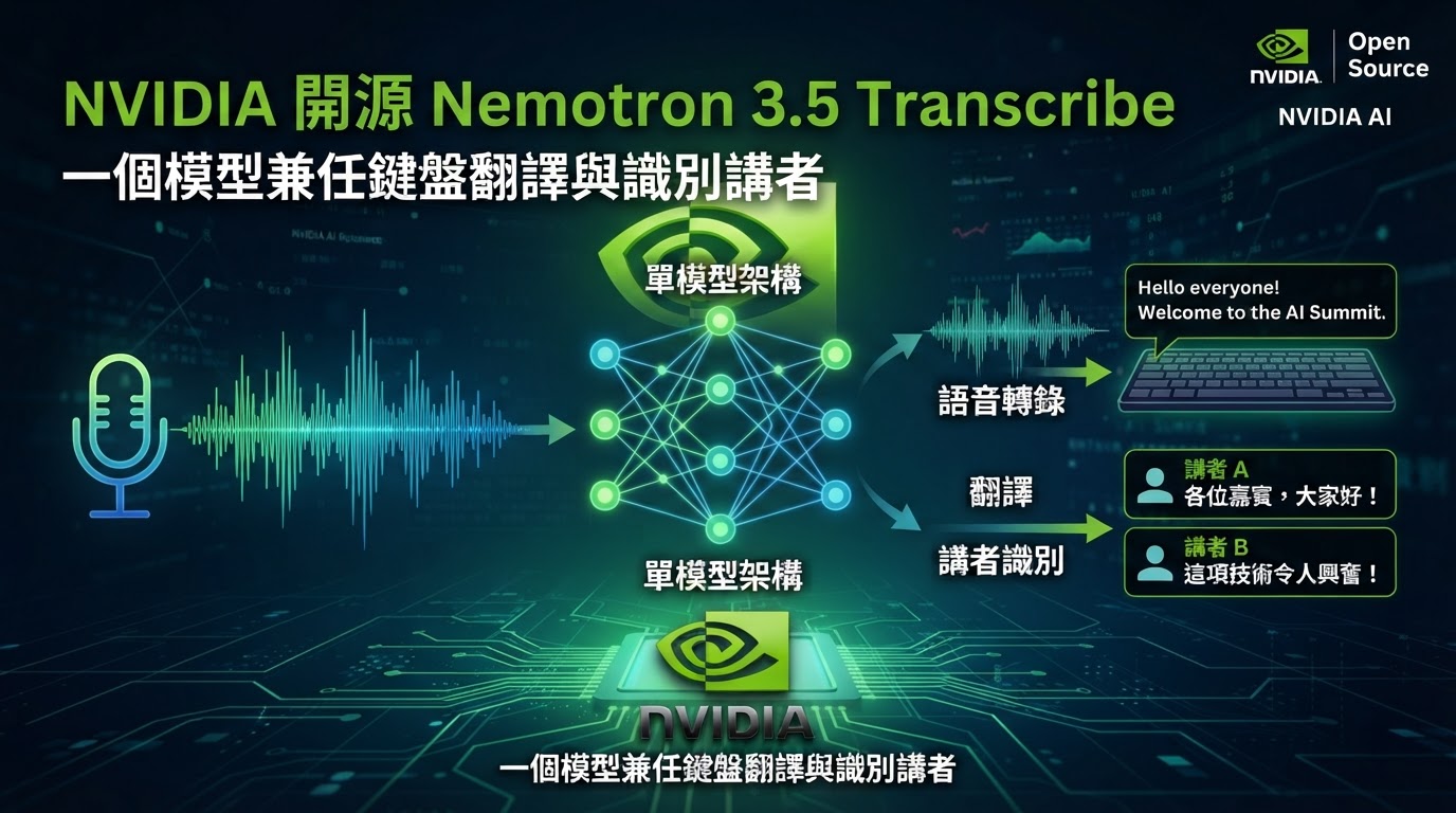 NVIDIA 開源 Nemotron 3.5 Transcribe 一個模型兼任鍵盤翻譯與識別講者