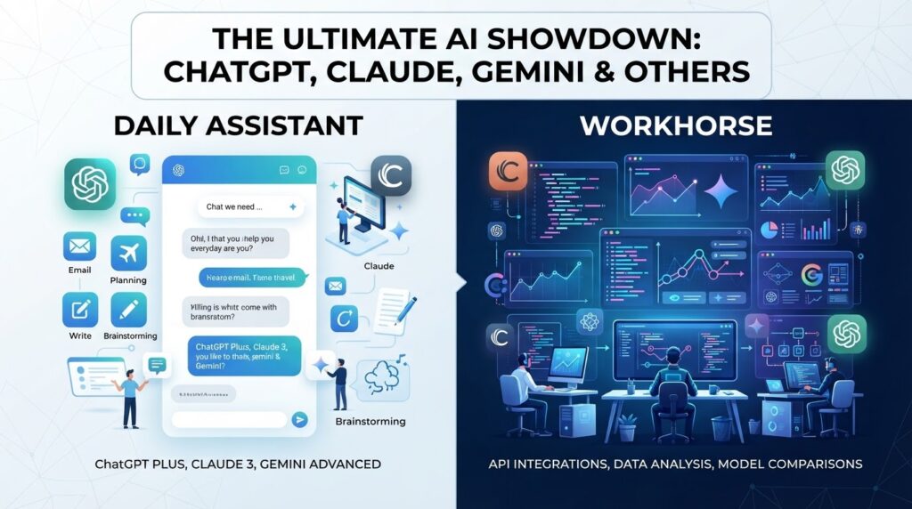 Comparison of 5 major AI tools showing daily assistant vs workhorse models