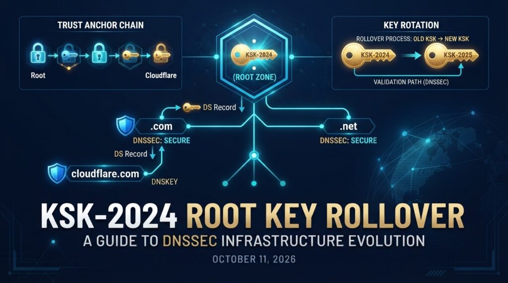 DNS hierarchy with KSK-2024 golden key at root, trust anchor chain to cloudflare.com