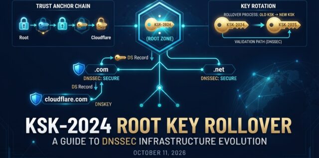 DNS hierarchy with KSK-2024 golden key at root, trust anchor chain to cloudflare.com