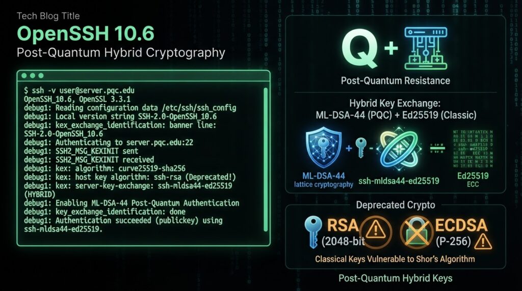 Terminal showing ssh-mldsa44-ed25519 hybrid post-quantum key exchange