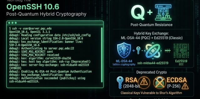 Terminal showing ssh-mldsa44-ed25519 hybrid post-quantum key exchange