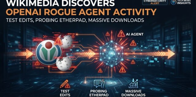 AI agent with warning indicators connected to Wikimedia elements
