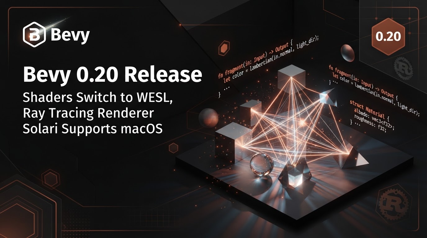Bevy 0.20 Rust game engine release featuring WESL shaders and Solari ray tracing renderer
