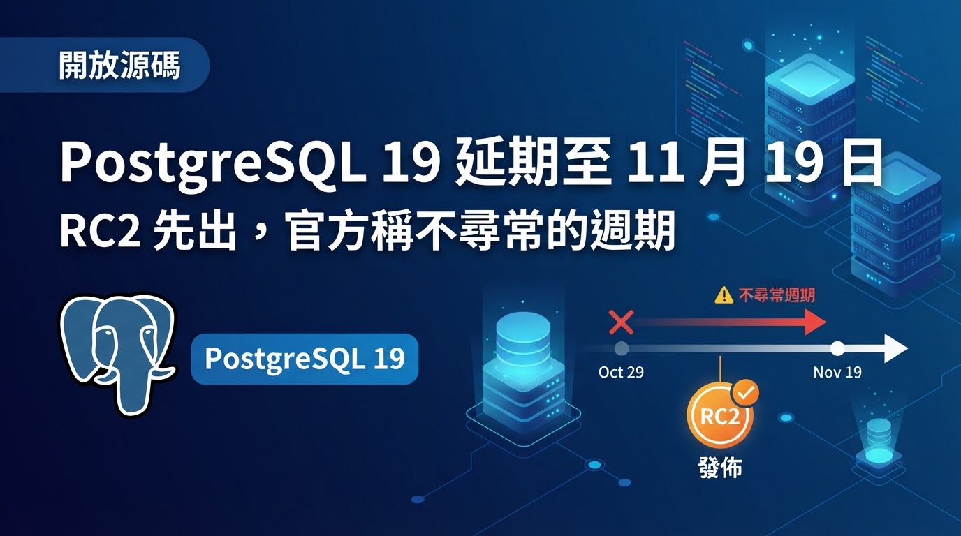 PostgreSQL 19 延期至 11 月 19 日:RC2 先出,官方稱「不尋常的週期」